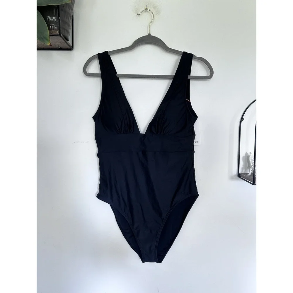 NEW Quince Black Italian Plunge One-Piece Swimsuit Size Large